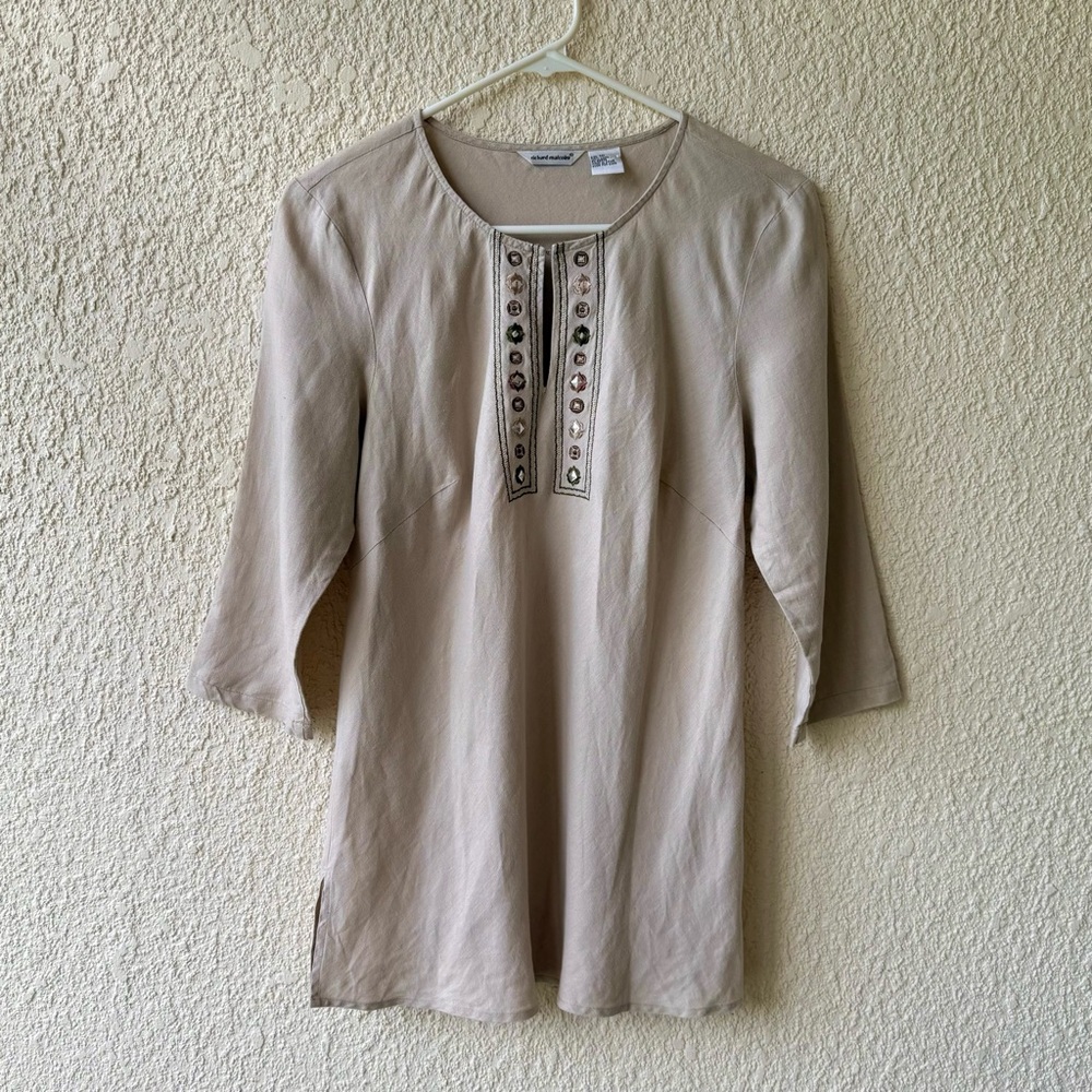 Richard Malcolm Linen Tunic 10 Taupe Beige Embroidered Boho Festival Lagenlook